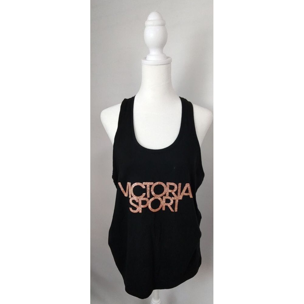 Victoria Sport Black Racerback Tank Top Rose Gold Glitter Logo Open Back Small